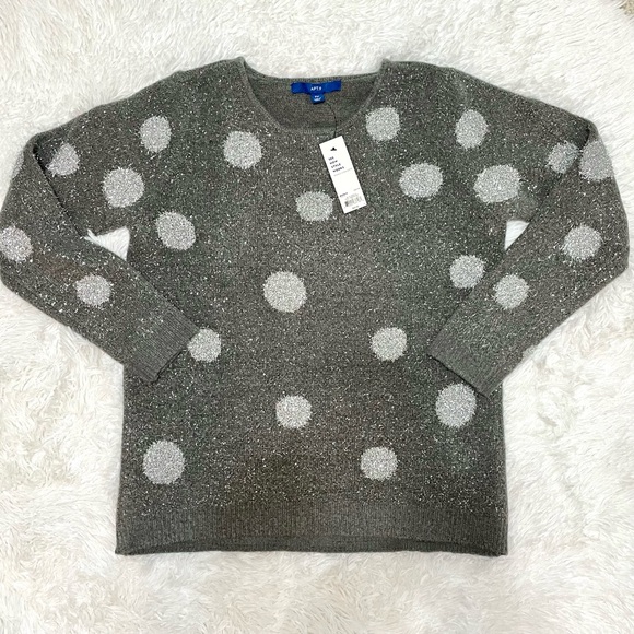 NWT Gray sparkle dust polkadot knit crewneck sweater size medium petite APT 9 - Picture 2 of 8